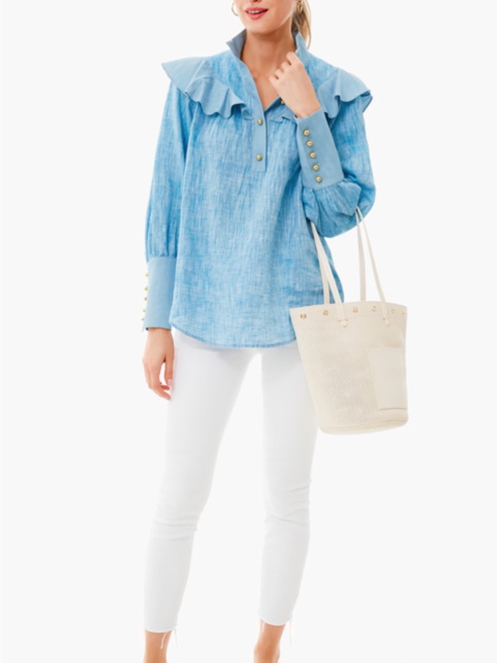 Tuckernuck Mirabella ruffle bib blouse in chambray blue linen.
